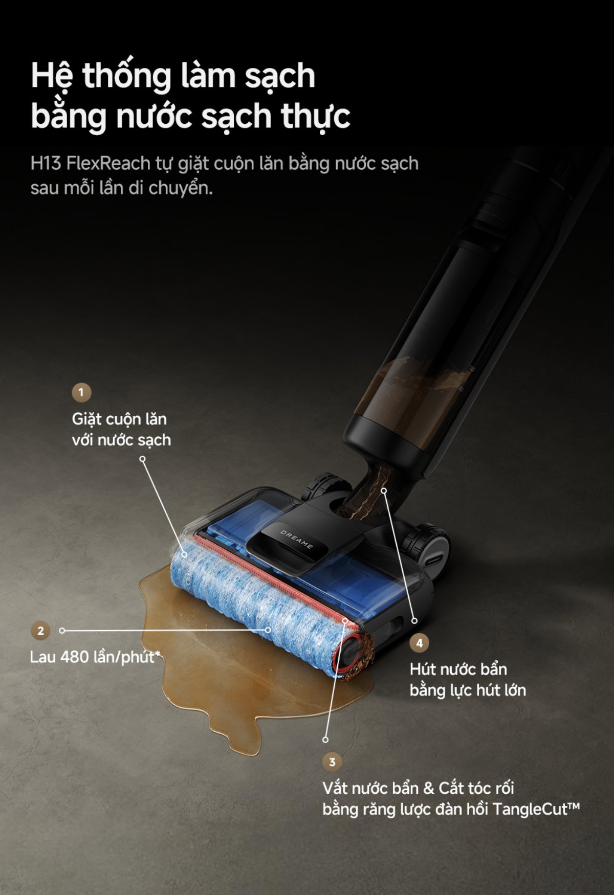 Dreame H13 FlexReach gập nghiêng 180°