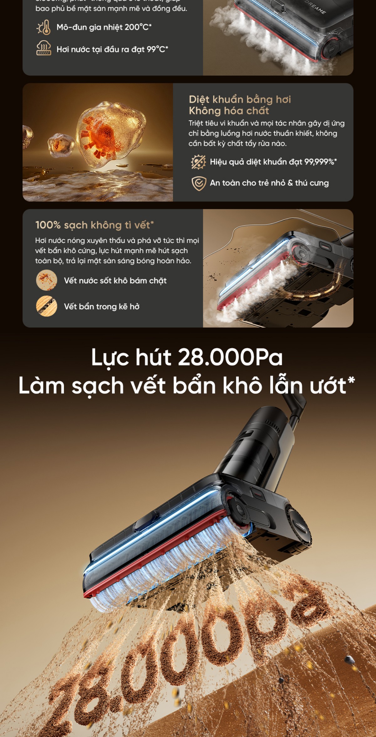 Máy hút bụi lau nhà Dreame H16 Steam | Lực hút 28.000Pa