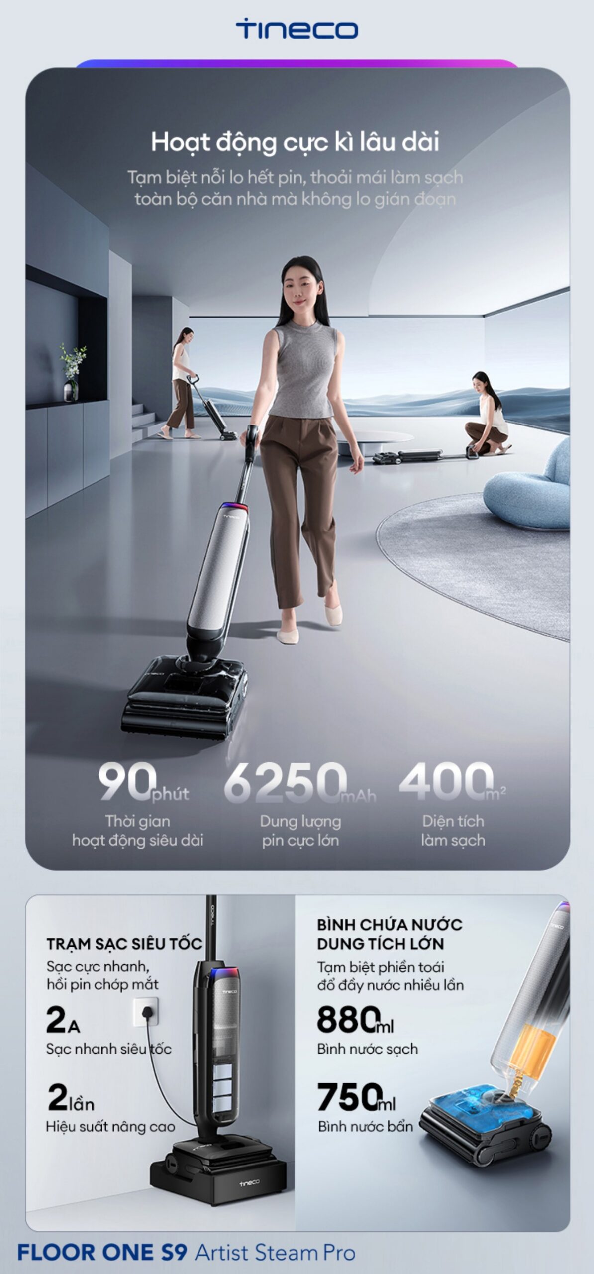 Tineco Floor One S9 Artist Steam Pro gập nghiêng 180°