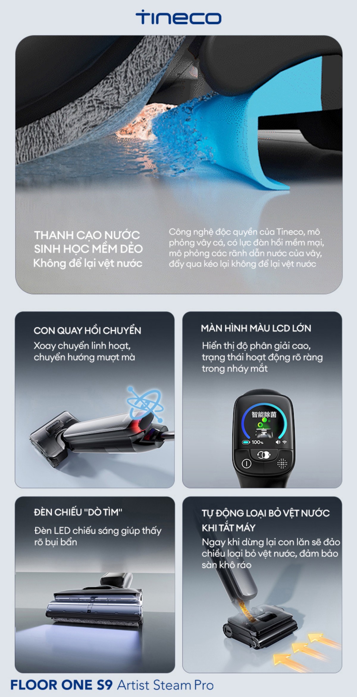 Tineco Floor One S9 Artist Steam Pro gập nghiêng 180°