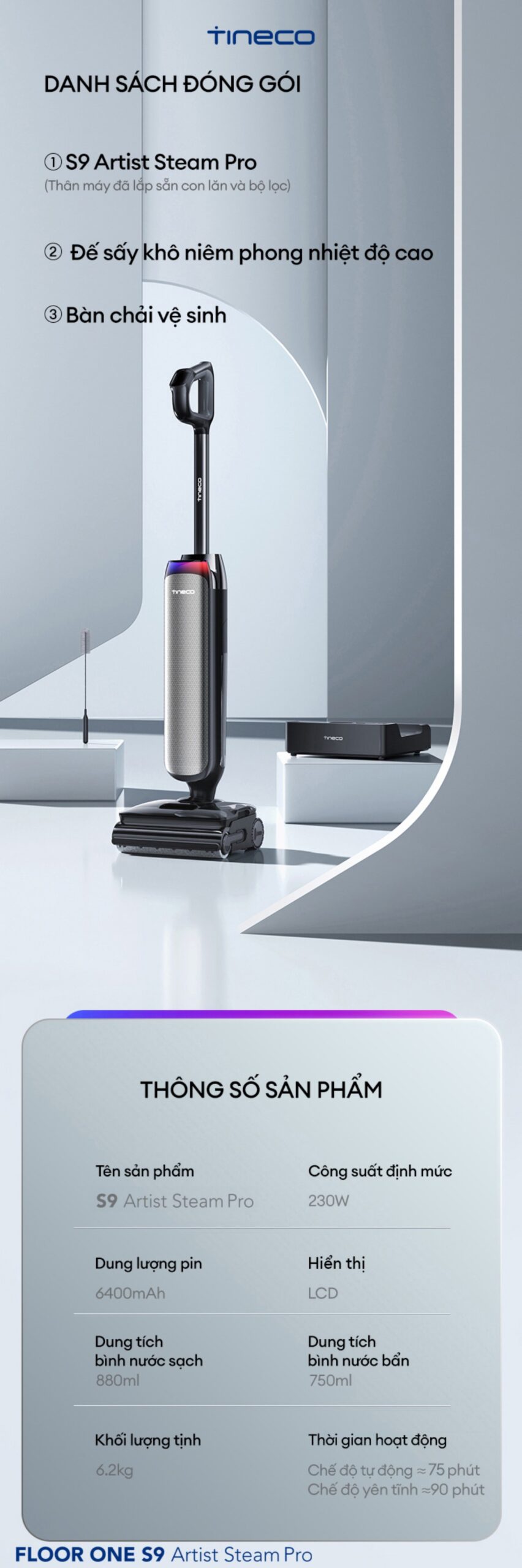 Tineco Floor One S9 Artist Steam Pro gập nghiêng 180°
