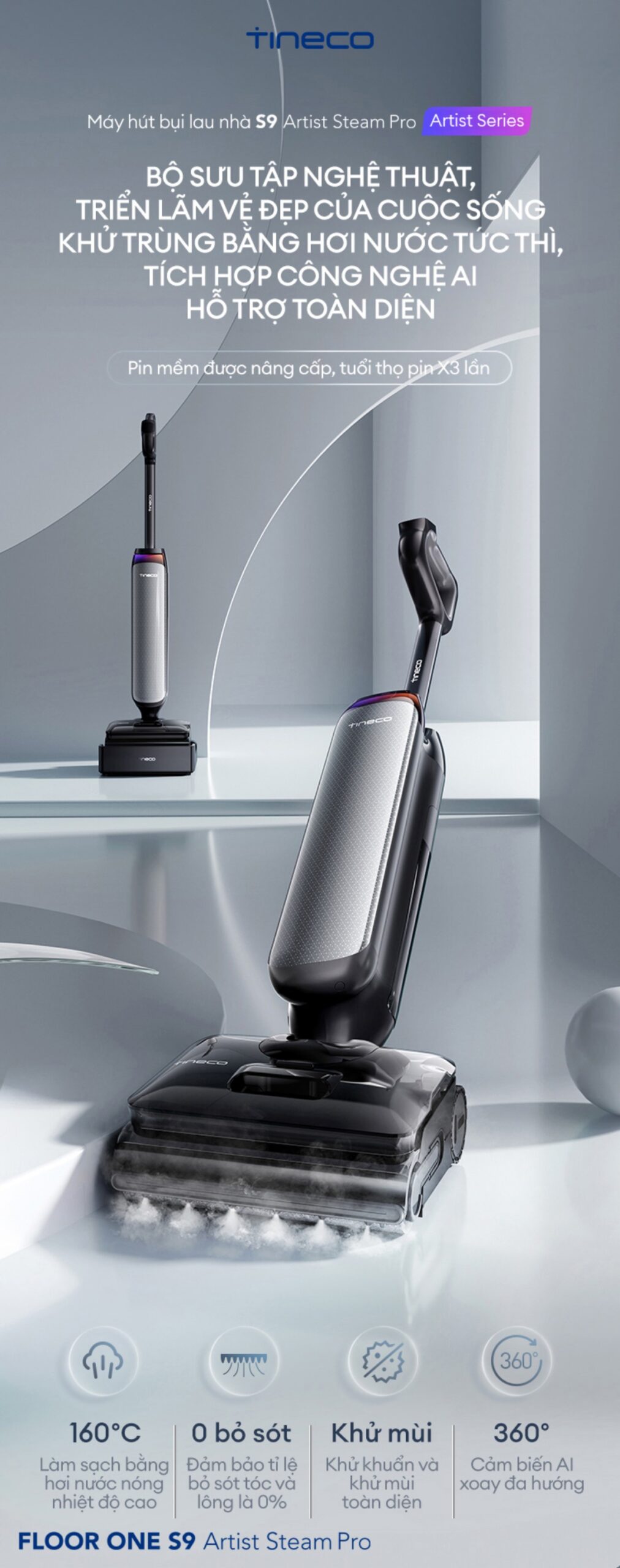 Tineco Floor One S9 Artist Steam Pro gập nghiêng 180°