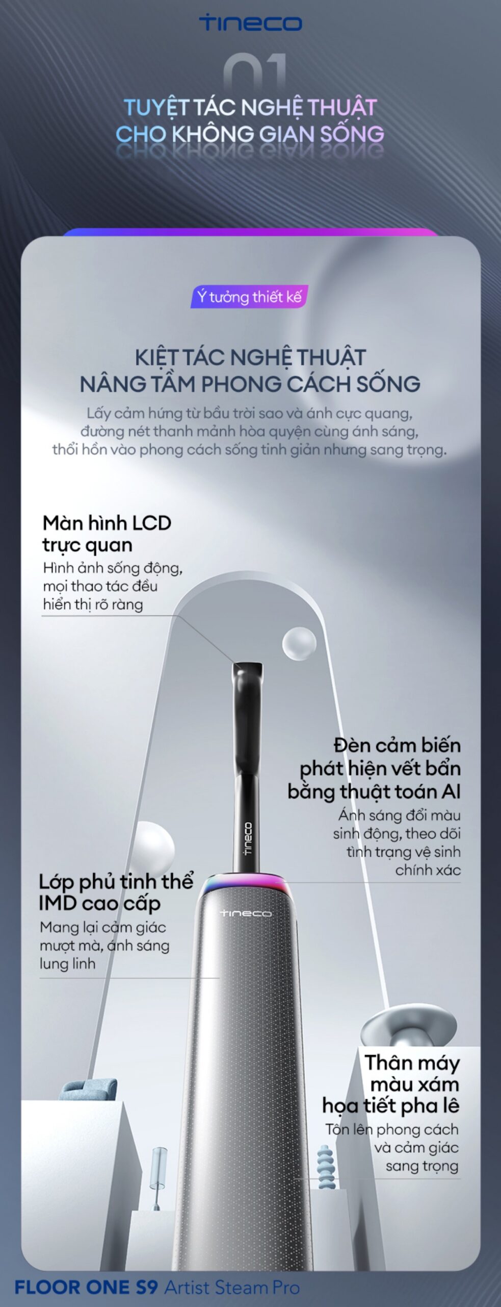 Tineco Floor One S9 Artist Steam Pro gập nghiêng 180°