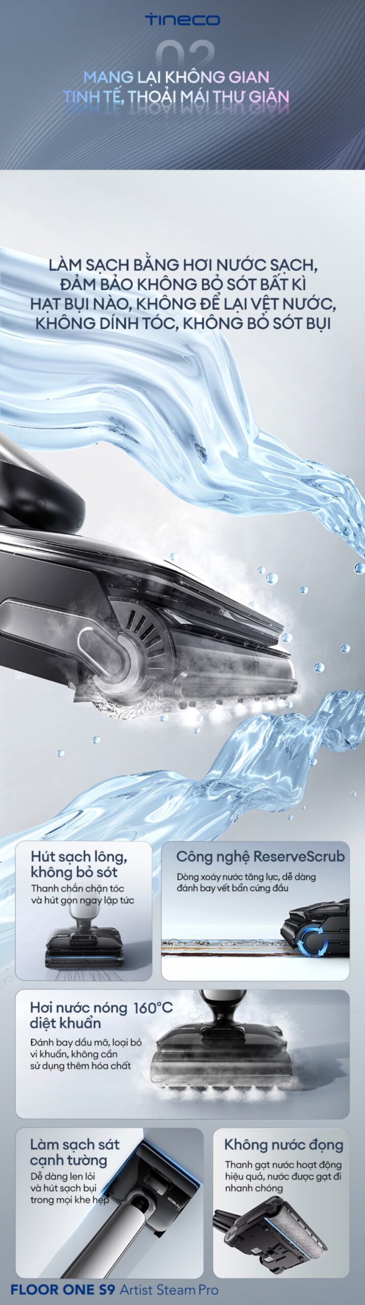 Tineco Floor One S9 Artist Steam Pro gập nghiêng 180°