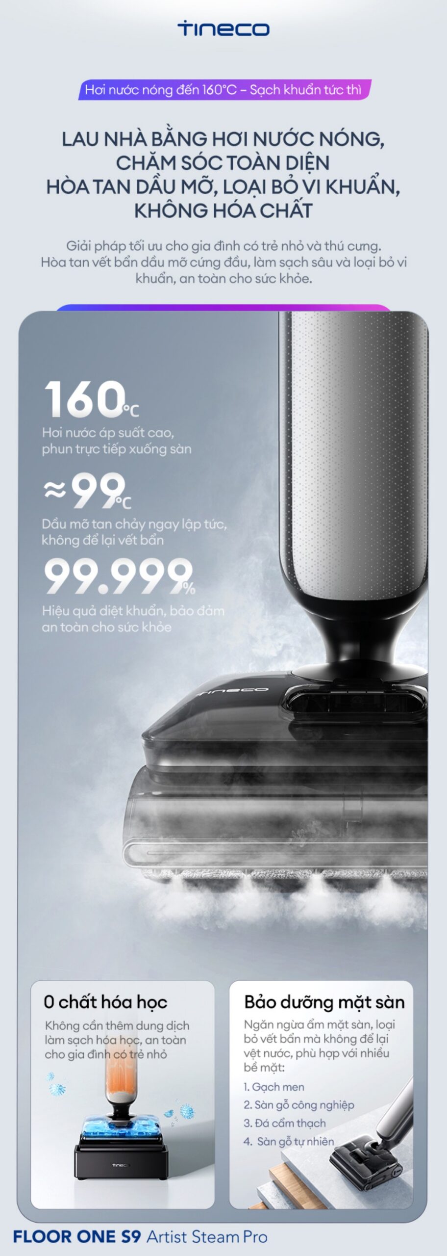 Tineco Floor One S9 Artist Steam Pro gập nghiêng 180°