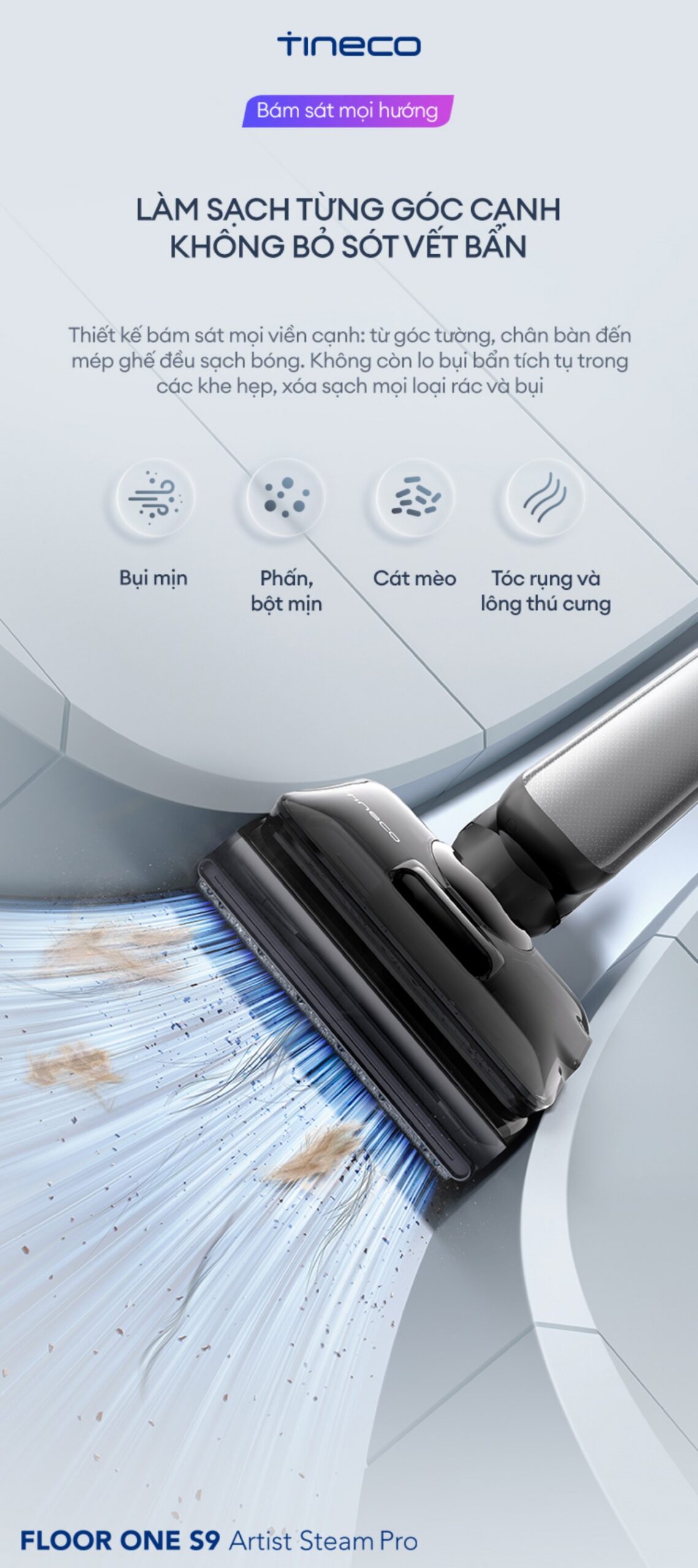 Tineco Floor One S9 Artist Steam Pro gập nghiêng 180°