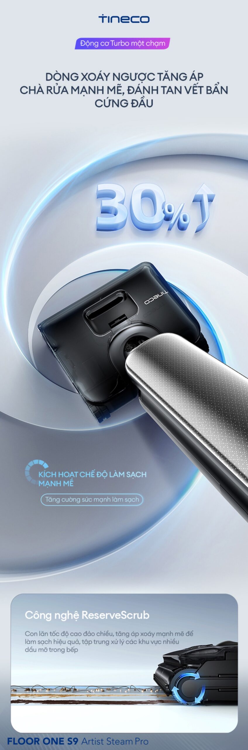 Tineco Floor One S9 Artist Steam Pro gập nghiêng 180°