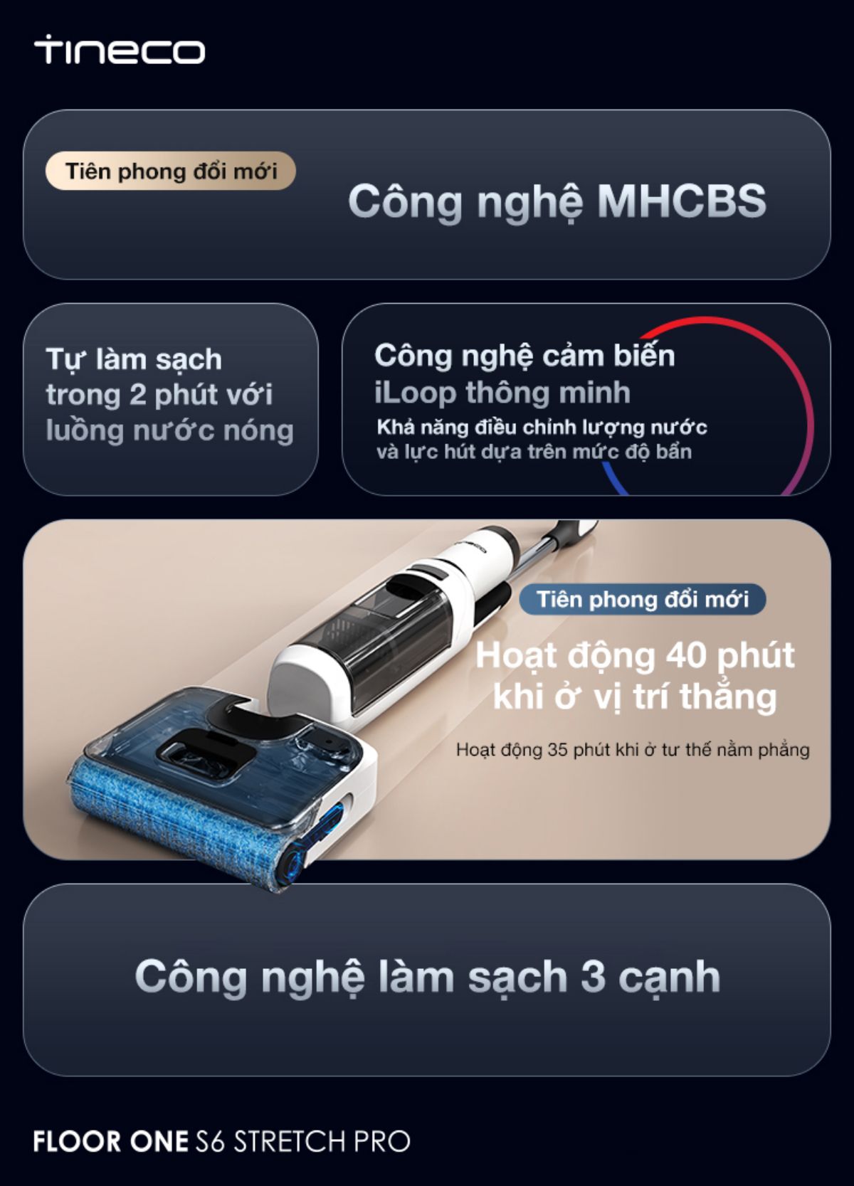 Tineco S6 Stretch Pro gập nghiêng 180°