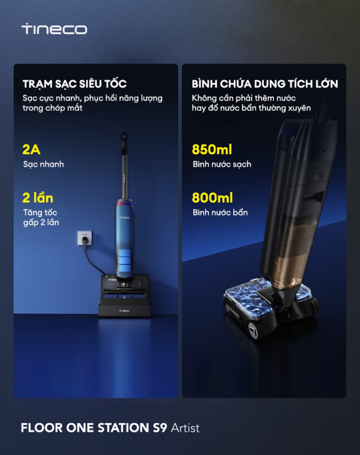 Tineco Station S9 Artist gập nghiêng 180°