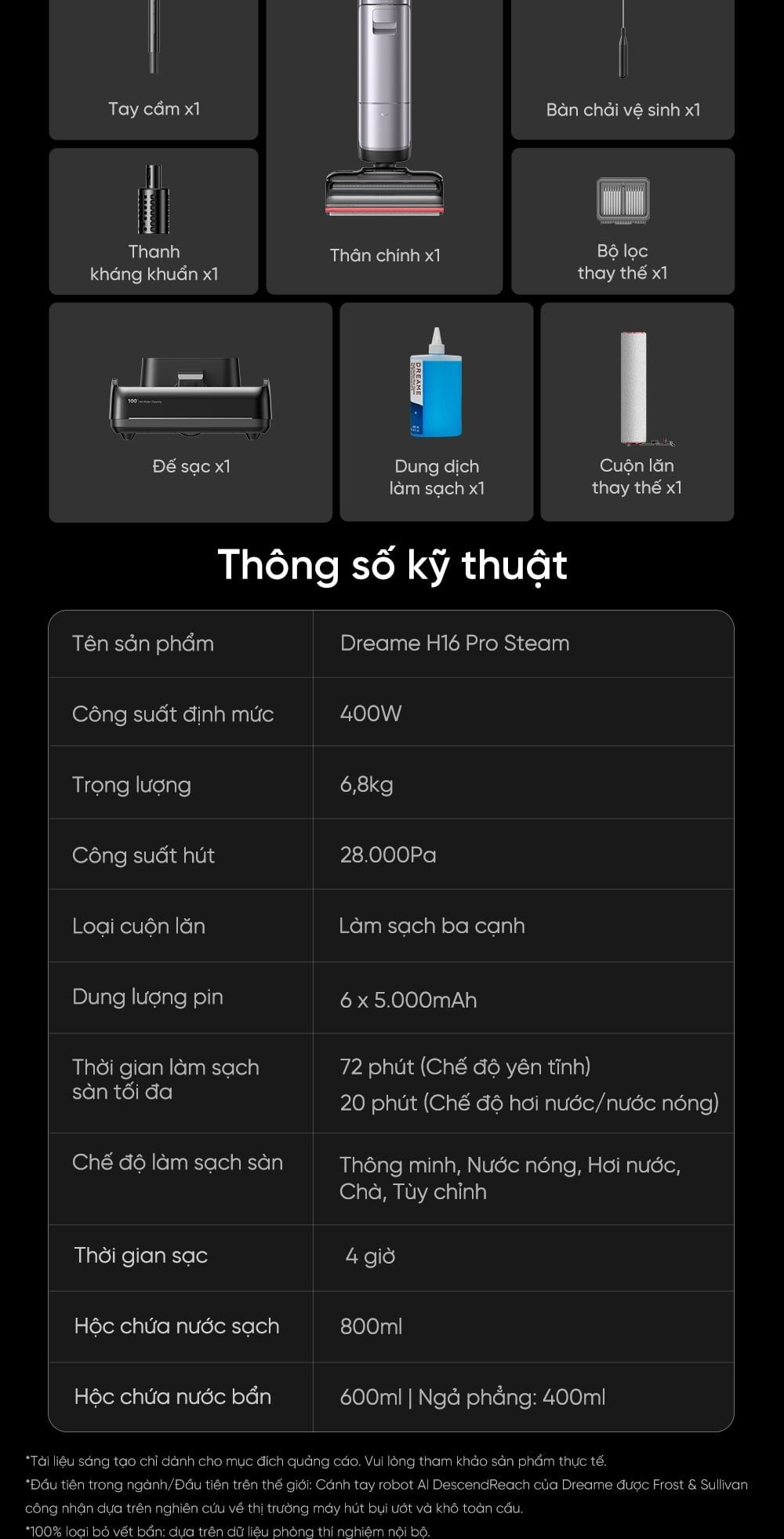 Máy hút bụi lau nhà Dreame H16 Pro Steam | Lực hút 28.000Pa