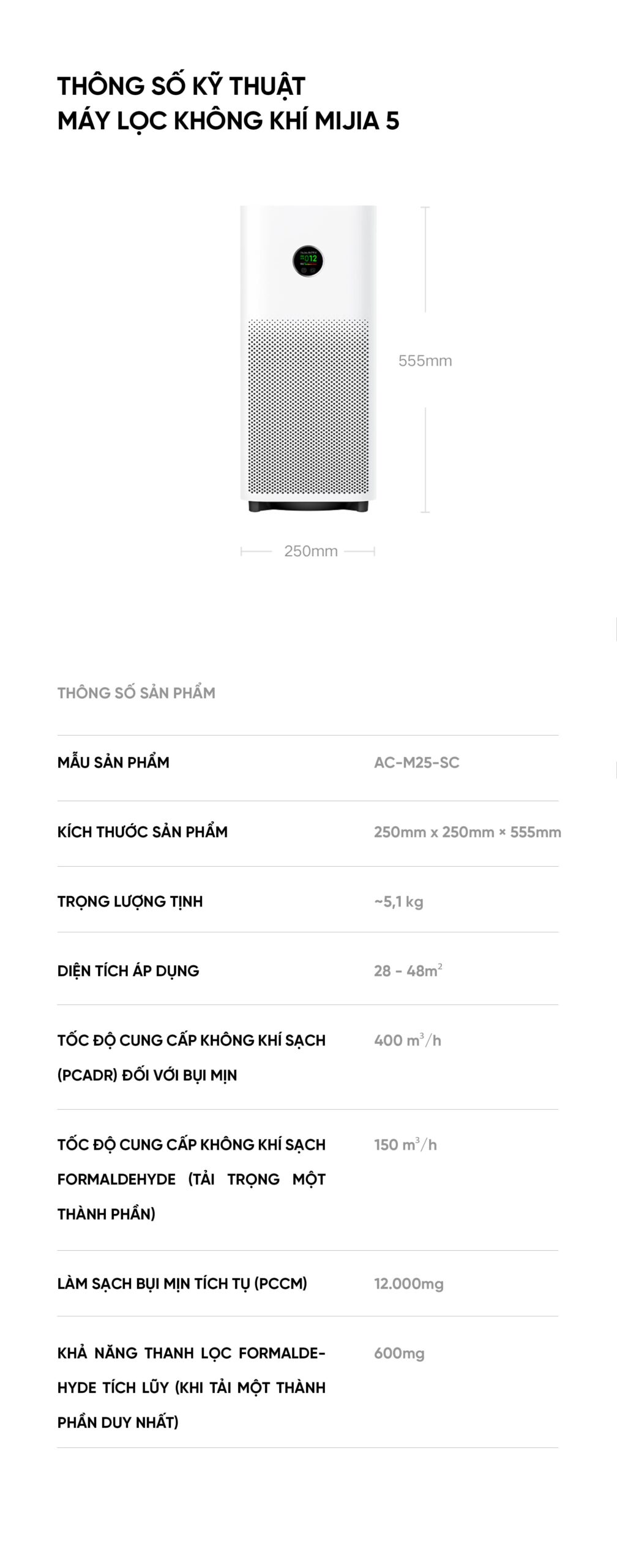 Xiaomi Mijia 5 máy lọc không khí diện tích 50m²