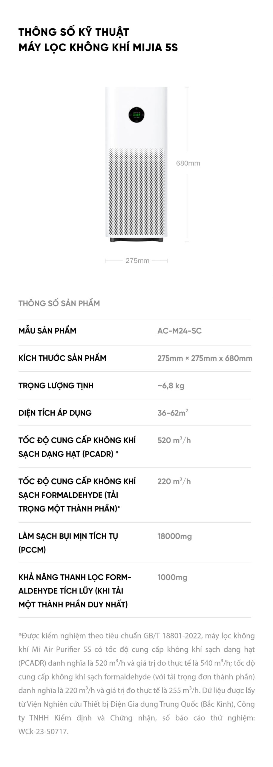 Xiaomi Mijia 5s máy lọc không khí diện tích 60m²