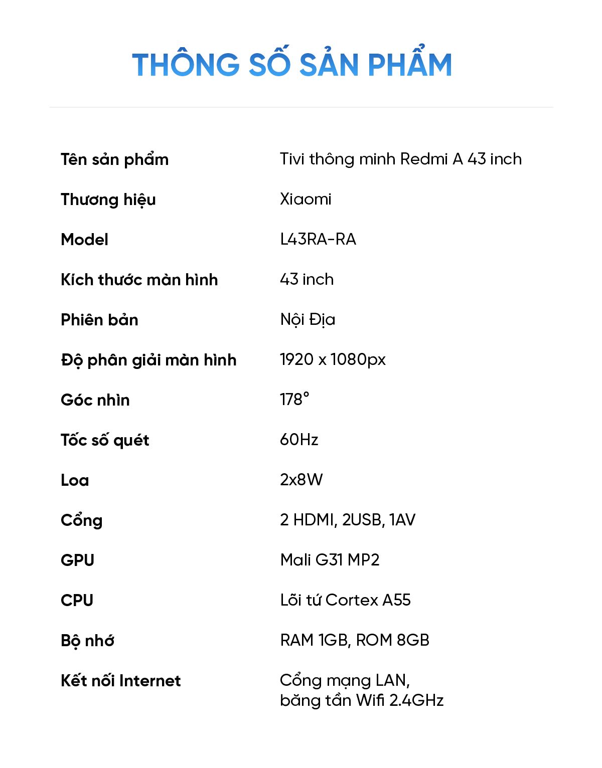Tivi Xiaomi Redmi A43 2025 43 Inch - FHD/60Hz - 1GB/8GB