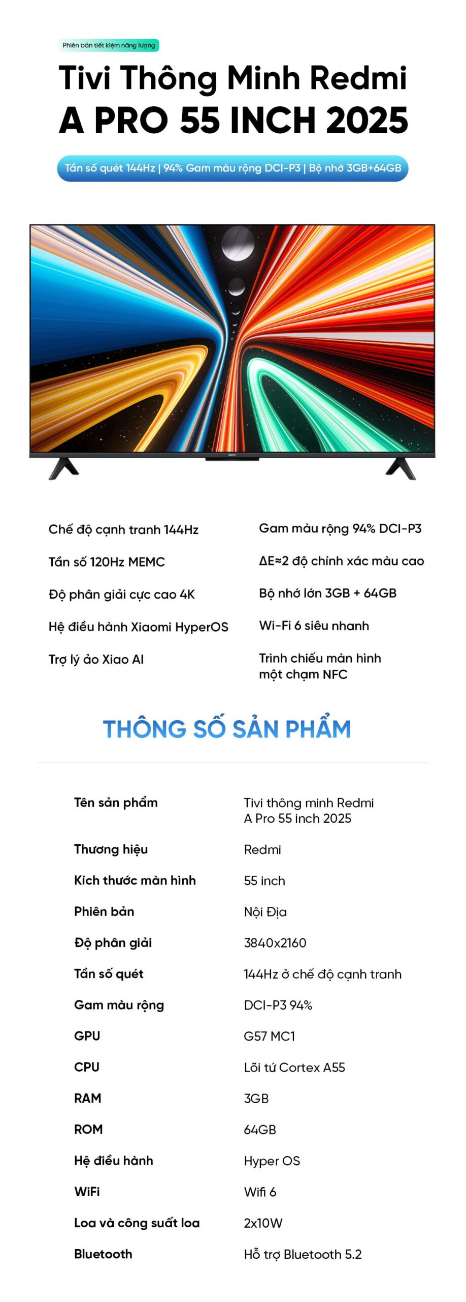Tivi Xiaomi Redmi A Pro 55 Inch 2025 - 4K/120Hz - 3GB/64GB