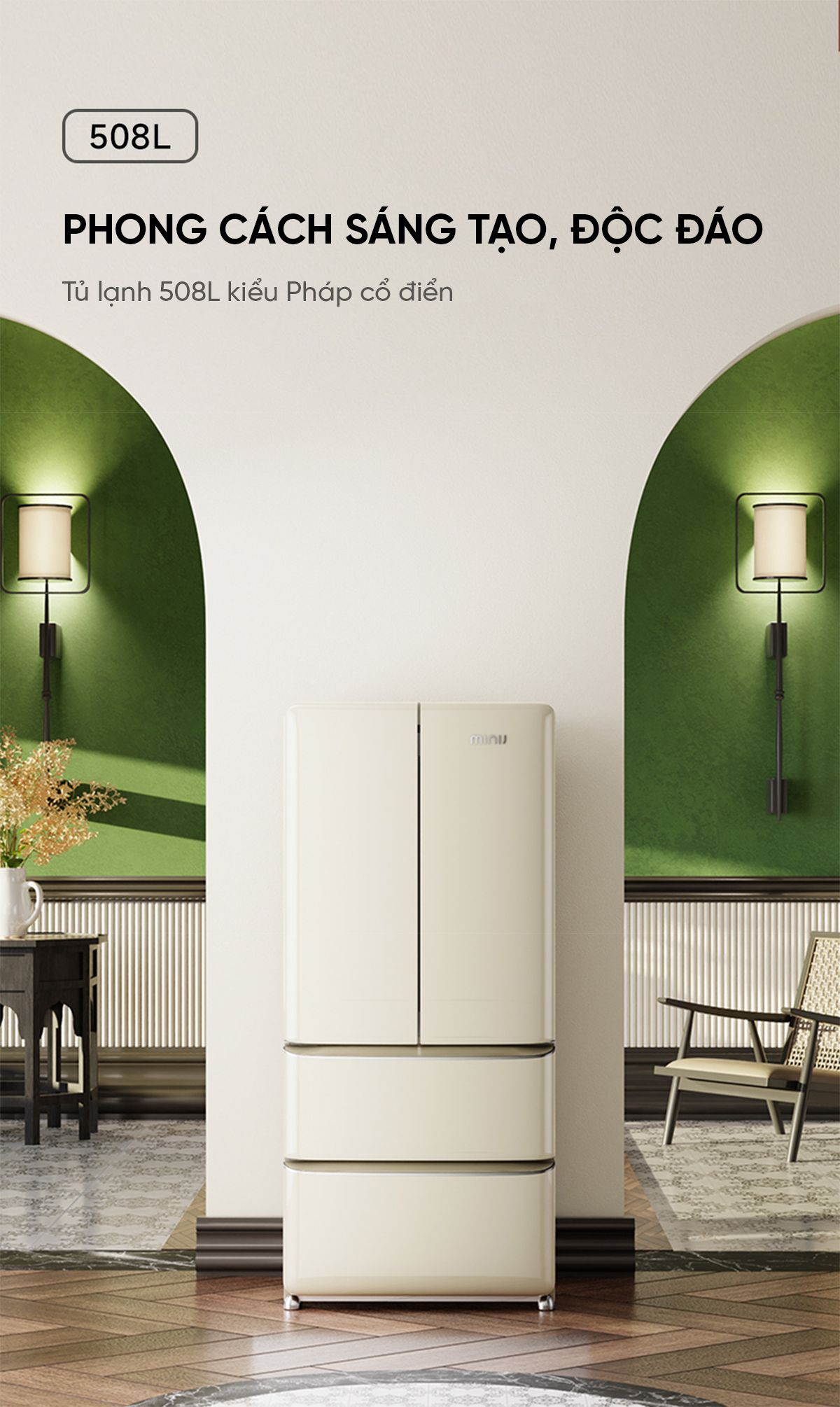 Tủ lạnh MiniJ Retro 508L Plus thiết kế cổ điển kiểu Pháp