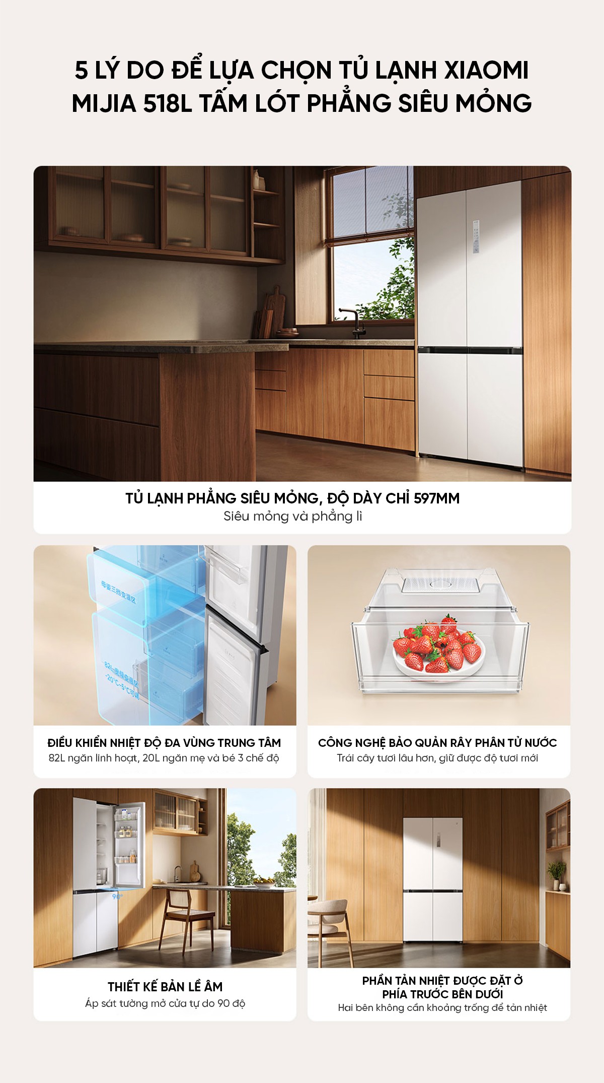 Tủ lạnh siêu mỏng Xiaomi Mijia 518L thiết kế âm tường có ngăn đông mềm