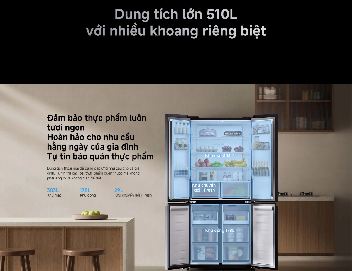 Tủ lạnh Xiaomi Mijia Refrigerator Cross Door 510L, Dual inverter Tiết kiệm điện và vận hành êm ái