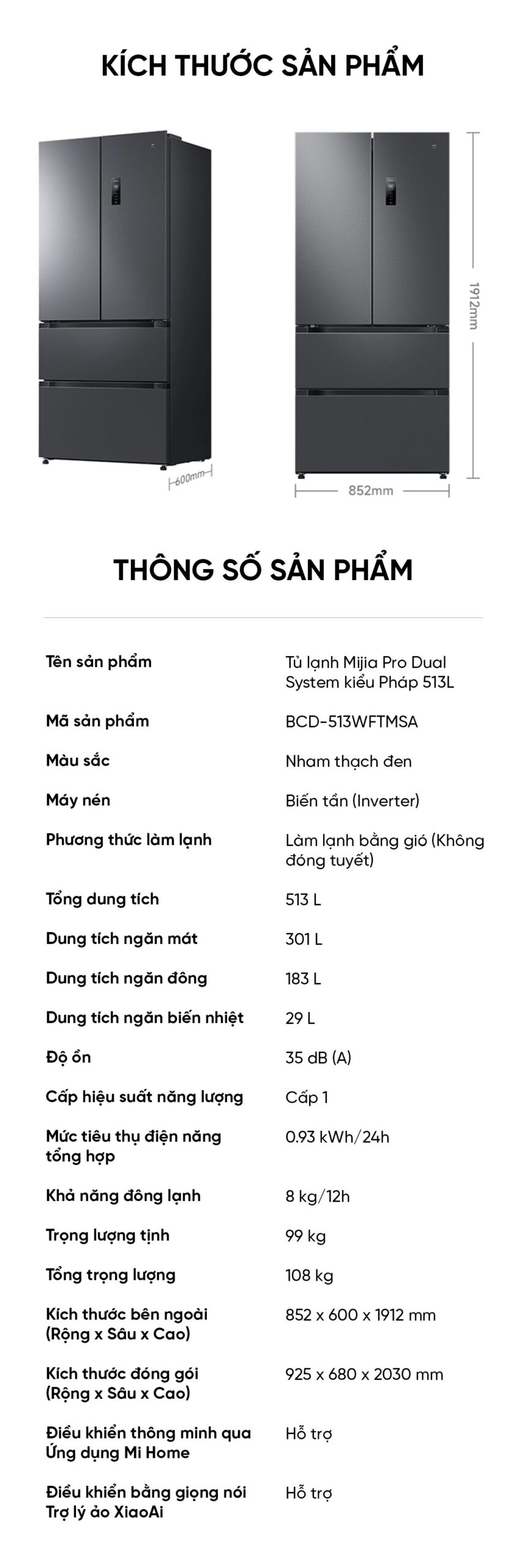 Tủ lạnh Xiaomi Mijia 513L Pro 2026, kiểu Pháp, làm lạnh kép